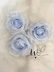 SET OF 3 10cm Christmas Tree Decoration - Snow Glitter or NO Glitter Pale Blue Clip on Roses